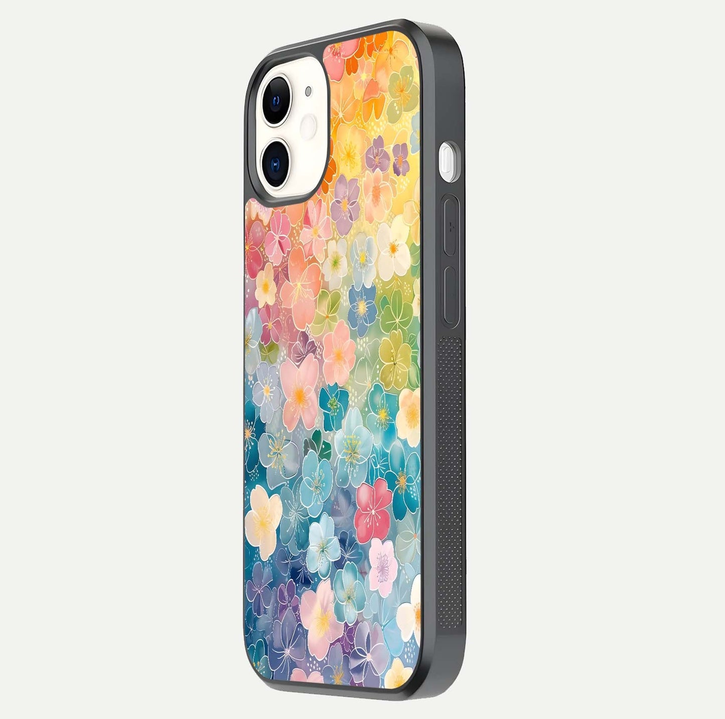 Rainbow Blossom Burst Glass Case for iPhone 12 Mini side-angle image showing reflection and floral burst detail