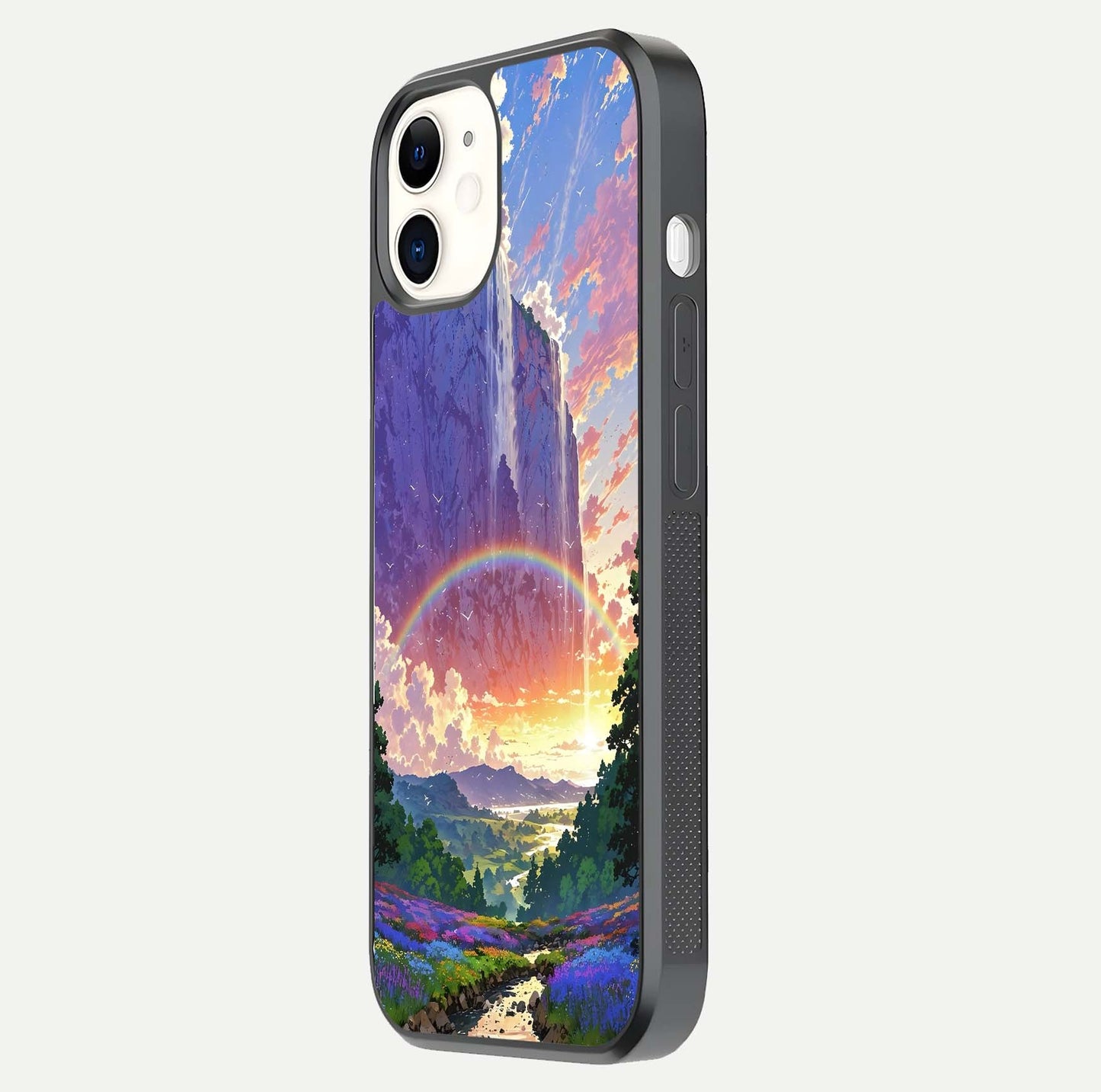 Rainbow Valley Dream Glass Case for iPhone 12 Mini side-angle image showing light reflection and scenic tones