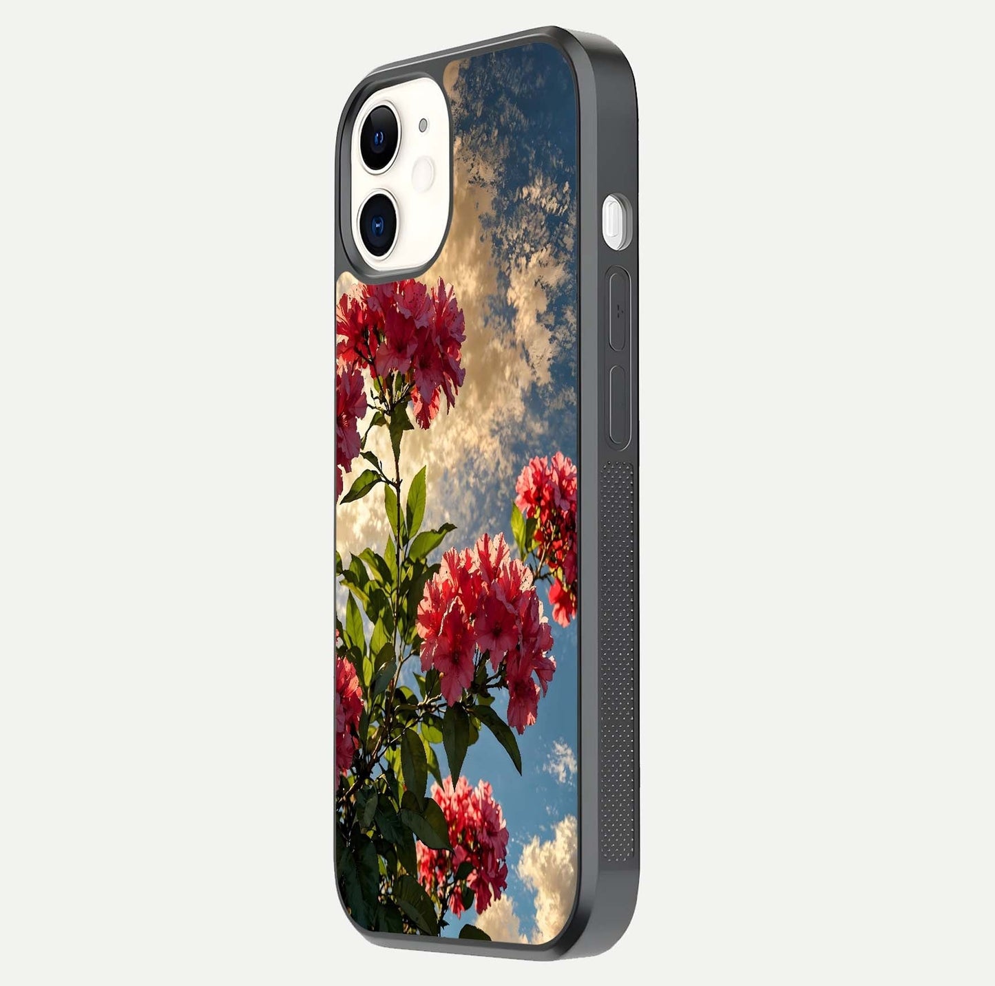 Red Bloom Skies Glass Case for iPhone 12 Mini side-angle image showing reflection, print clarity, and tone blend