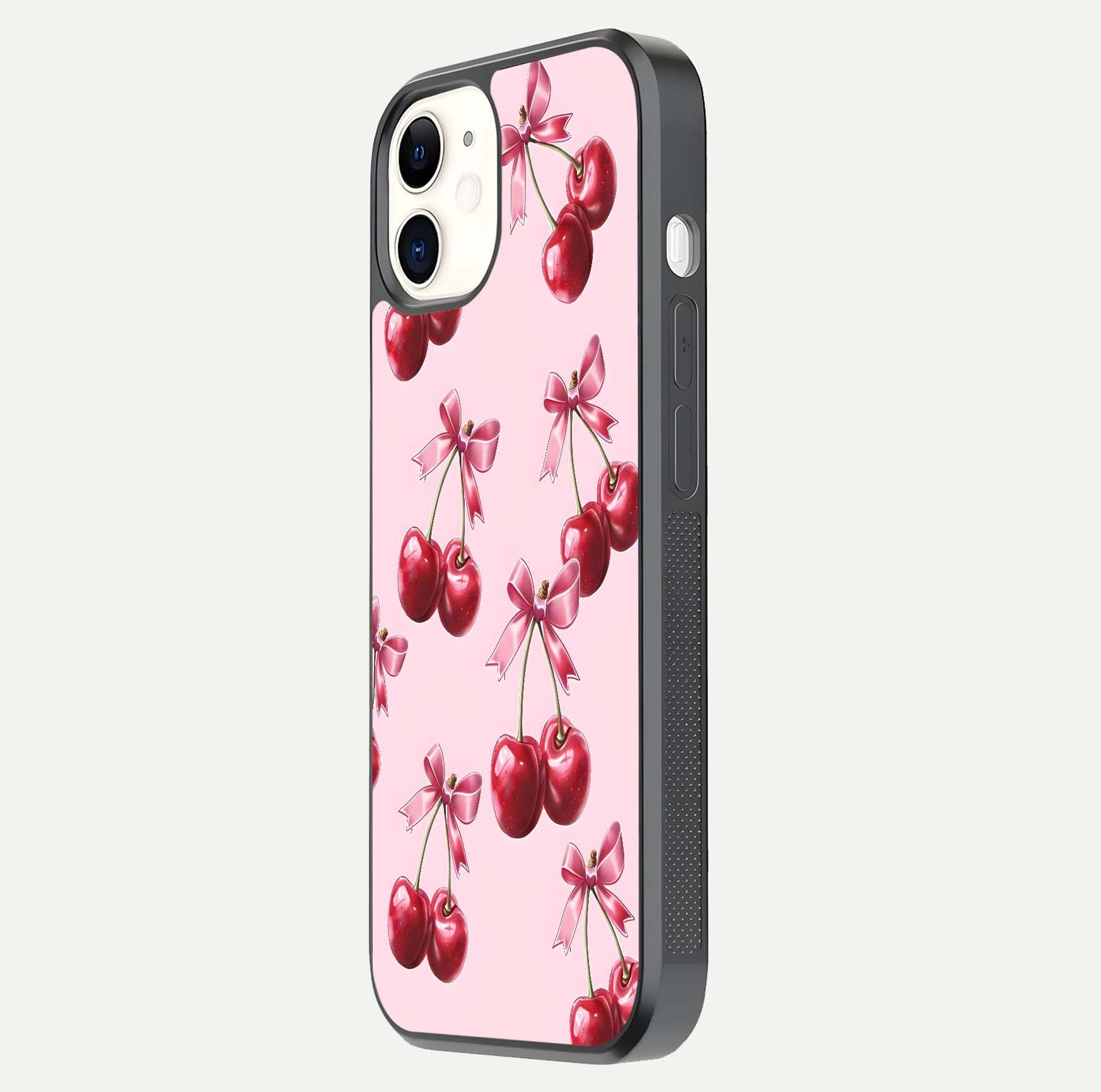 Red Cherries Pattern Glass Case for iPhone 12 Mini side-angle image showing gloss surface and cherry details