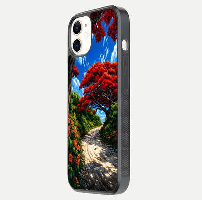 Red Trees Pathway Glass Case for iPhone 12 Mini side-angle image showing reflection and autumn vibe