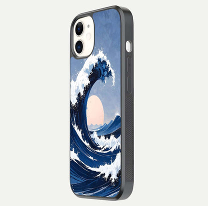Rising Tide Power Glass Case for iPhone 12 Mini side-angle image showing shine and detailed ocean art