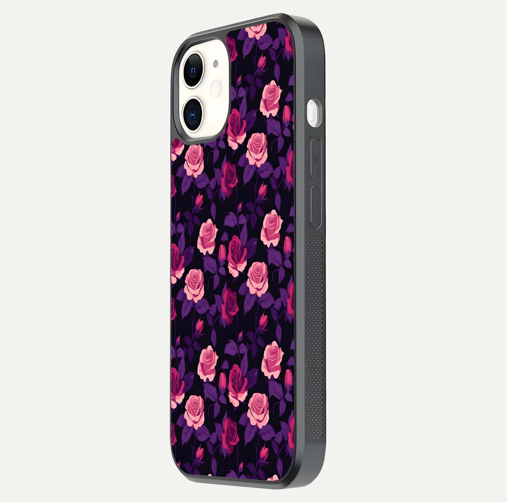 Rose Garden Twilight Glass Case for iPhone 12 Mini side-angle image showing reflection, gloss, and floral detail