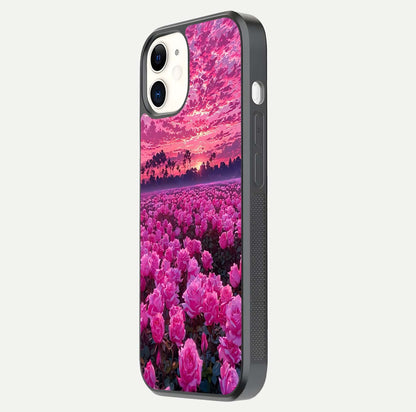 Rose Sunset Valley Glass Case for iPhone 12 Mini side-angle image showing smooth edges and floral glow