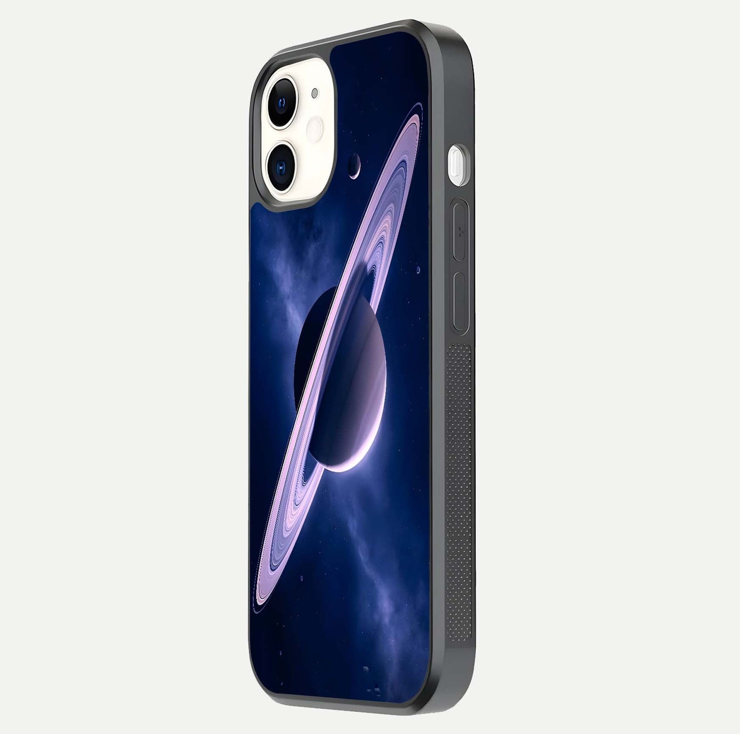 Saturn Ring Mystique Glass Case for iPhone 12 Mini side-angle image showing shine and galaxy ring focus
