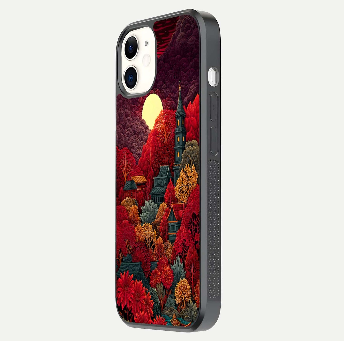 Scarlet Autumn Temple Glass Case for iPhone 12 Mini side-angle image showing color depth and reflection clarity