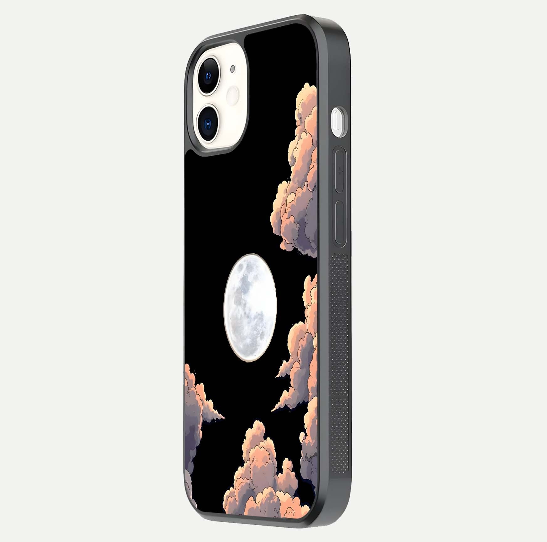 Shade Cloud Moon Glass Case for iPhone 12 Mini side-angle image showing reflection and night-sky detail