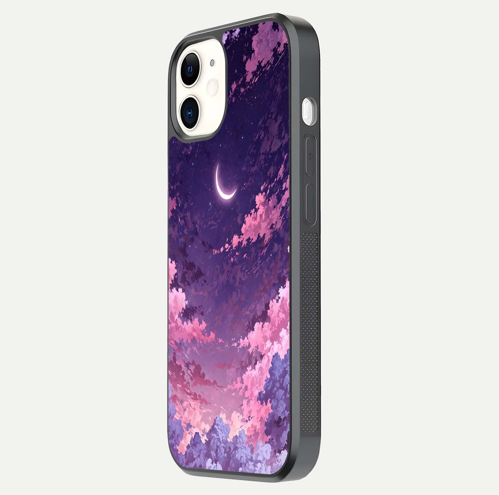 Sky Drift Clouds Glass Case for iPhone 12 Mini side-angle image showing reflection, blue tones, and soft gradient