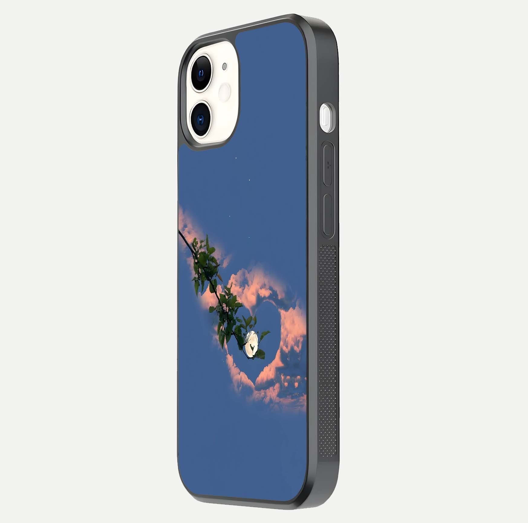 Sky Under Tree Glass Case for iPhone 12 Mini side-angle image showing shine, edge texture, and scenic detail
