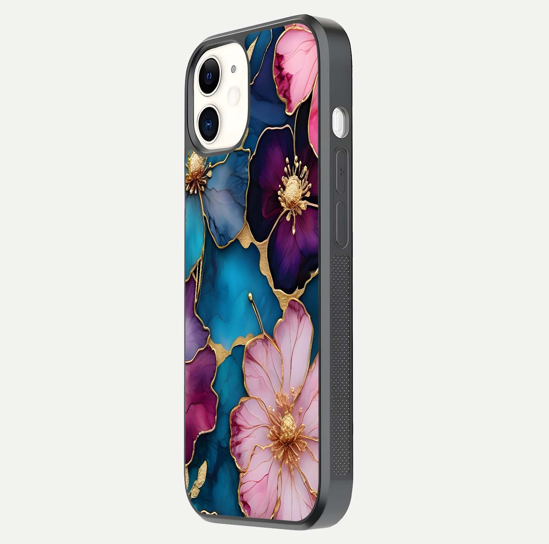 Sparkle Floral Glass Case for iPhone 12 Mini side-angle image showing reflection, gloss, and floral texture