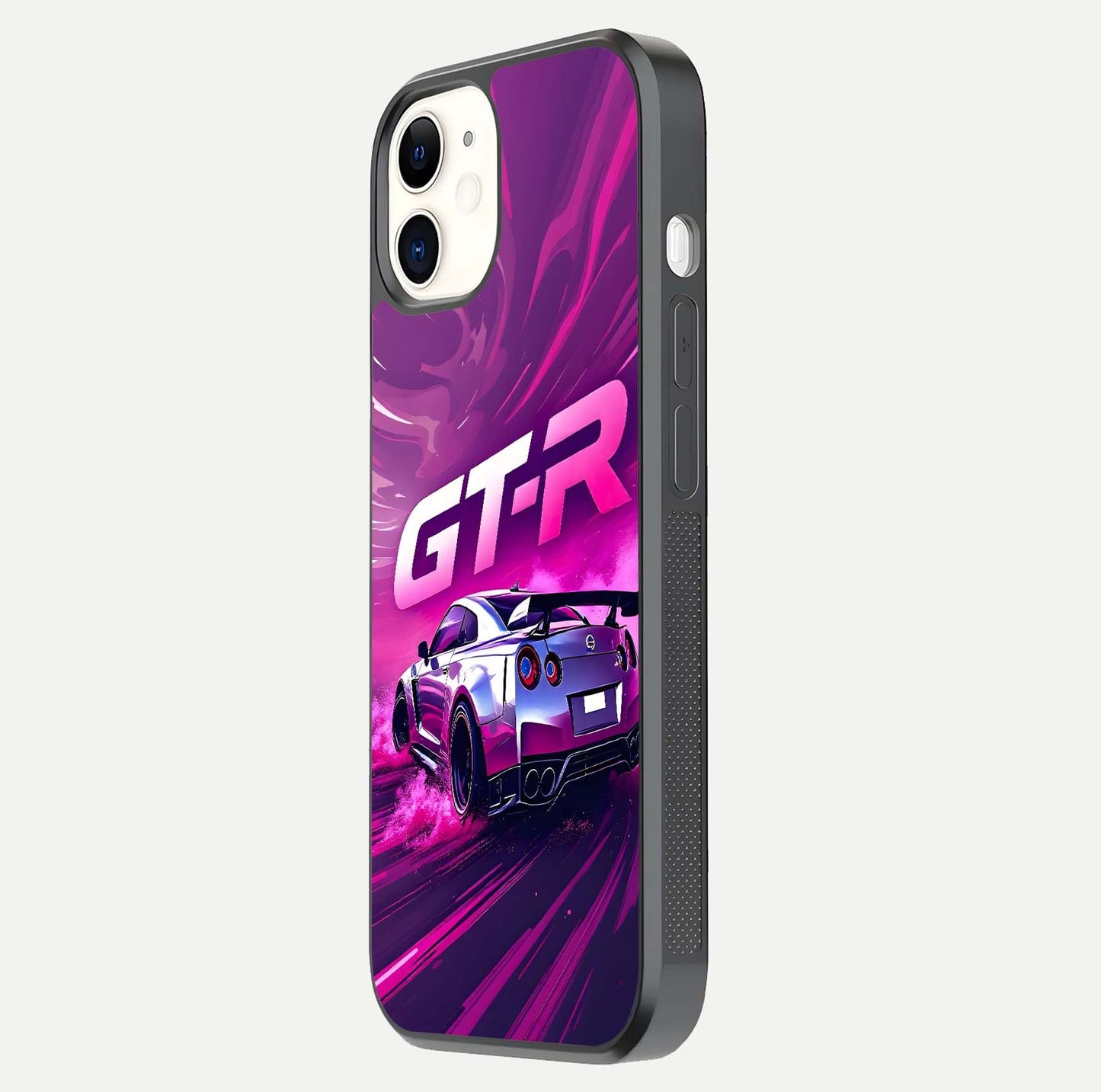 Speed Drift Legend Glass Case for iPhone 12 Mini side-angle image showing car print reflection and surface gloss