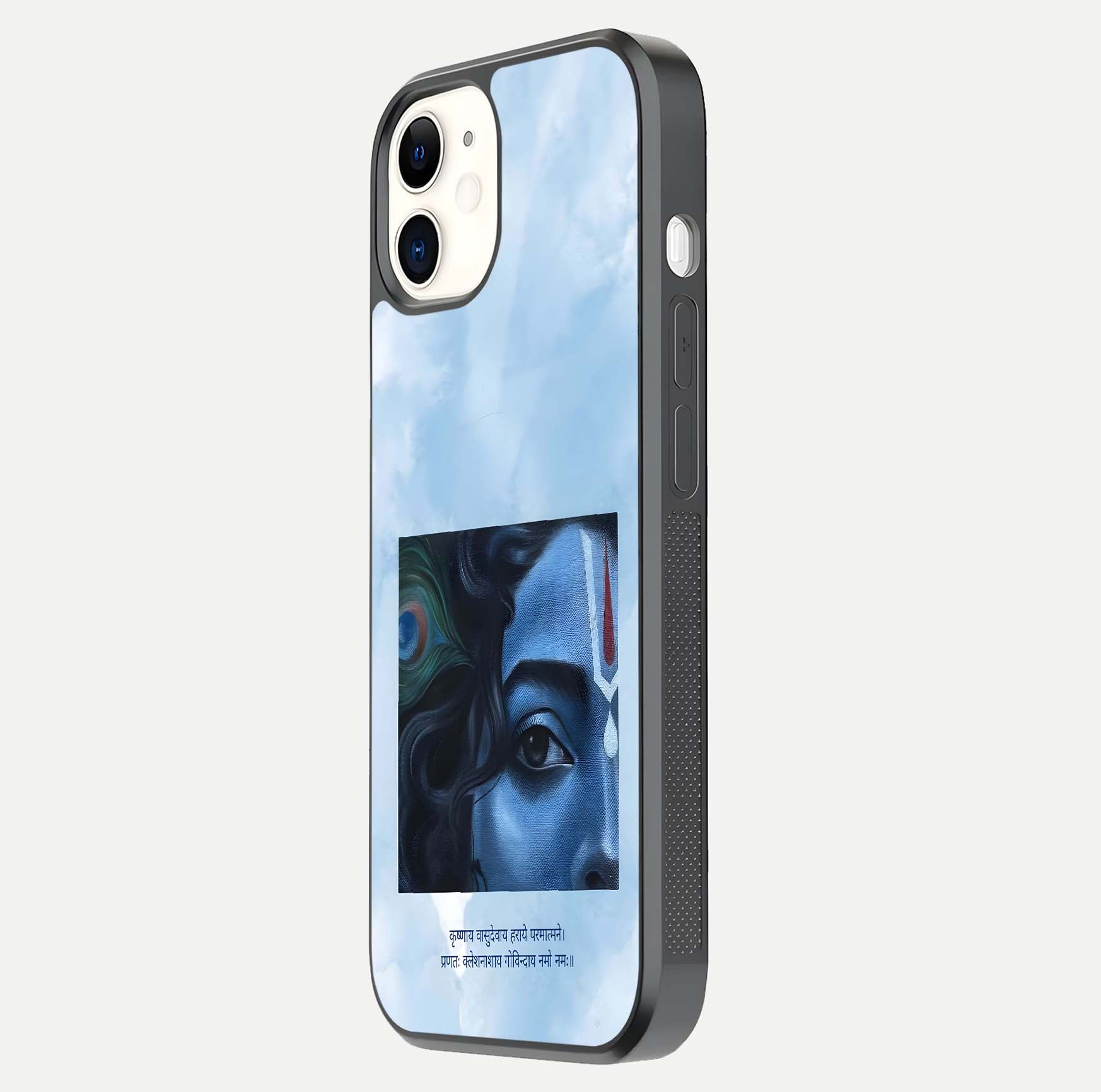 Spiritual Krishna Glass Case for iPhone 12 Mini side-angle image showing reflection and vivid artwork clarity