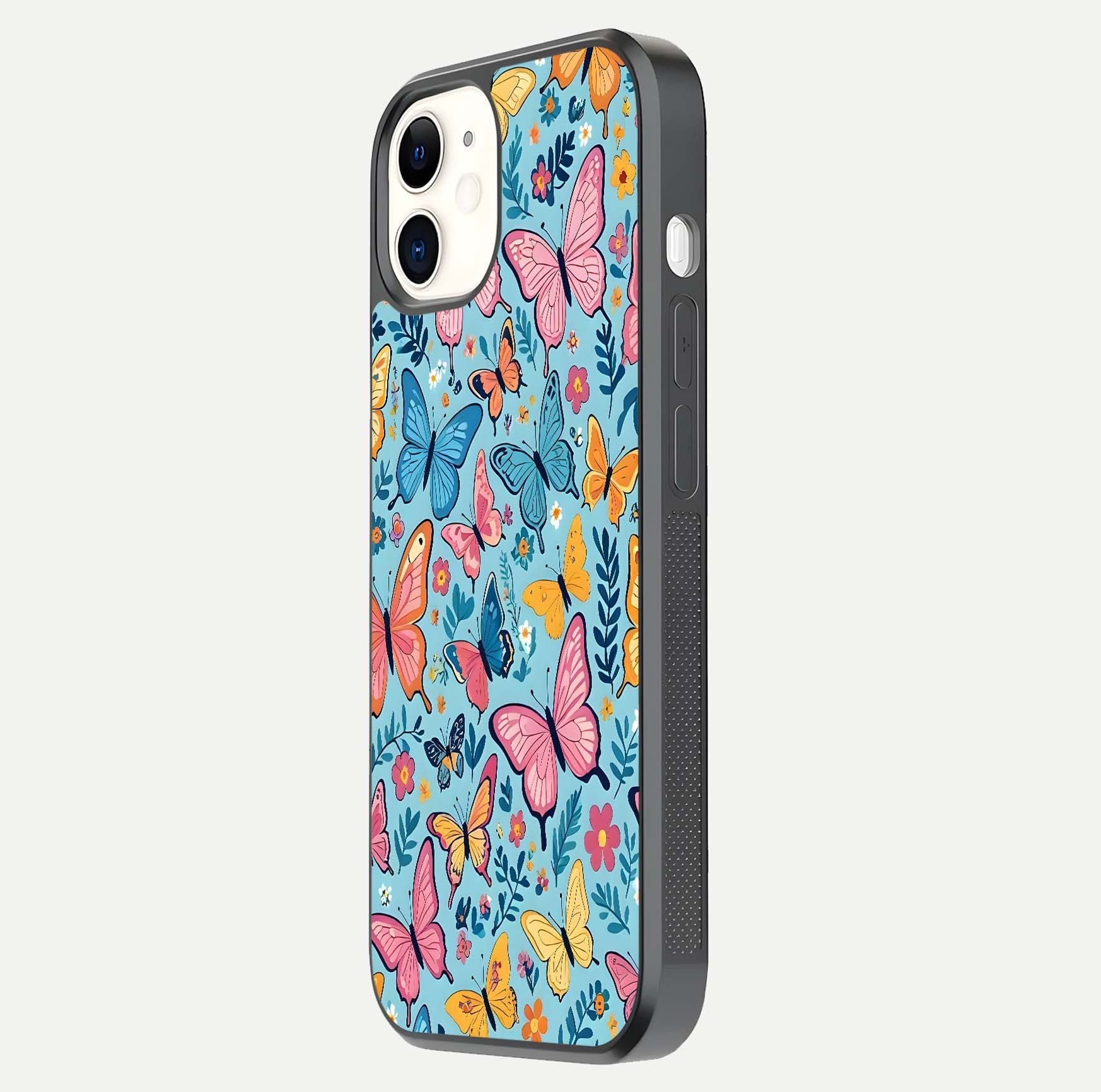 Spring Wing Garden Glass Case for iPhone 12 Mini side-angle image showing shine, color, and pattern depth