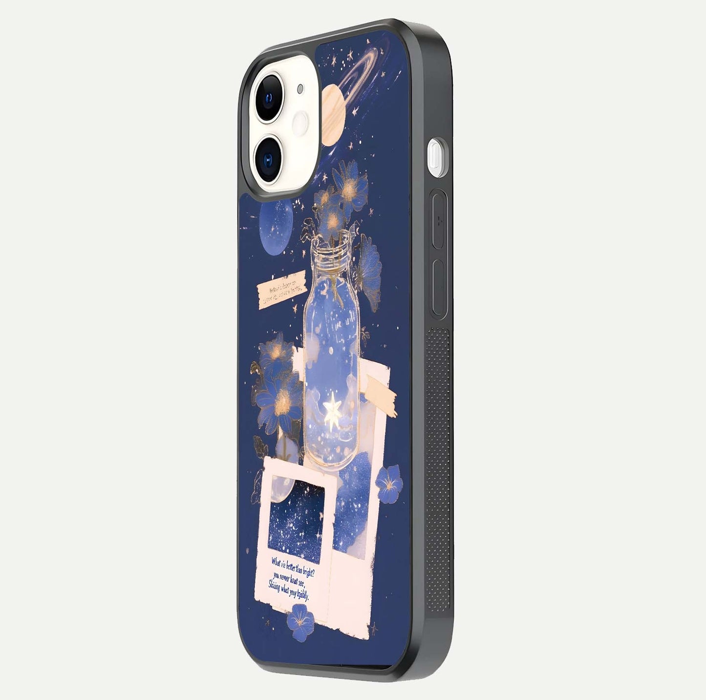 Starlit Cosmic Jar Glass Case for iPhone 12 Mini side-angle image showing glow, texture, and light reflection