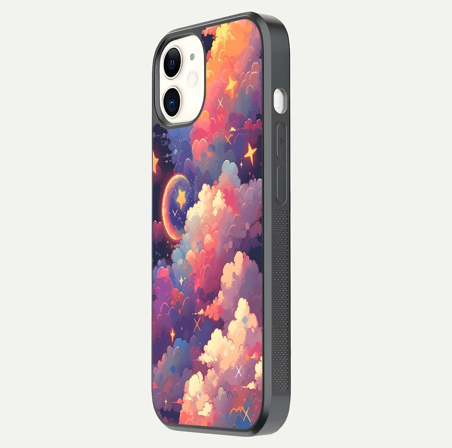 Starlit Dream Clouds Glass Case for iPhone 12 Mini side-angle image showing shine, reflection, and dreamy tones