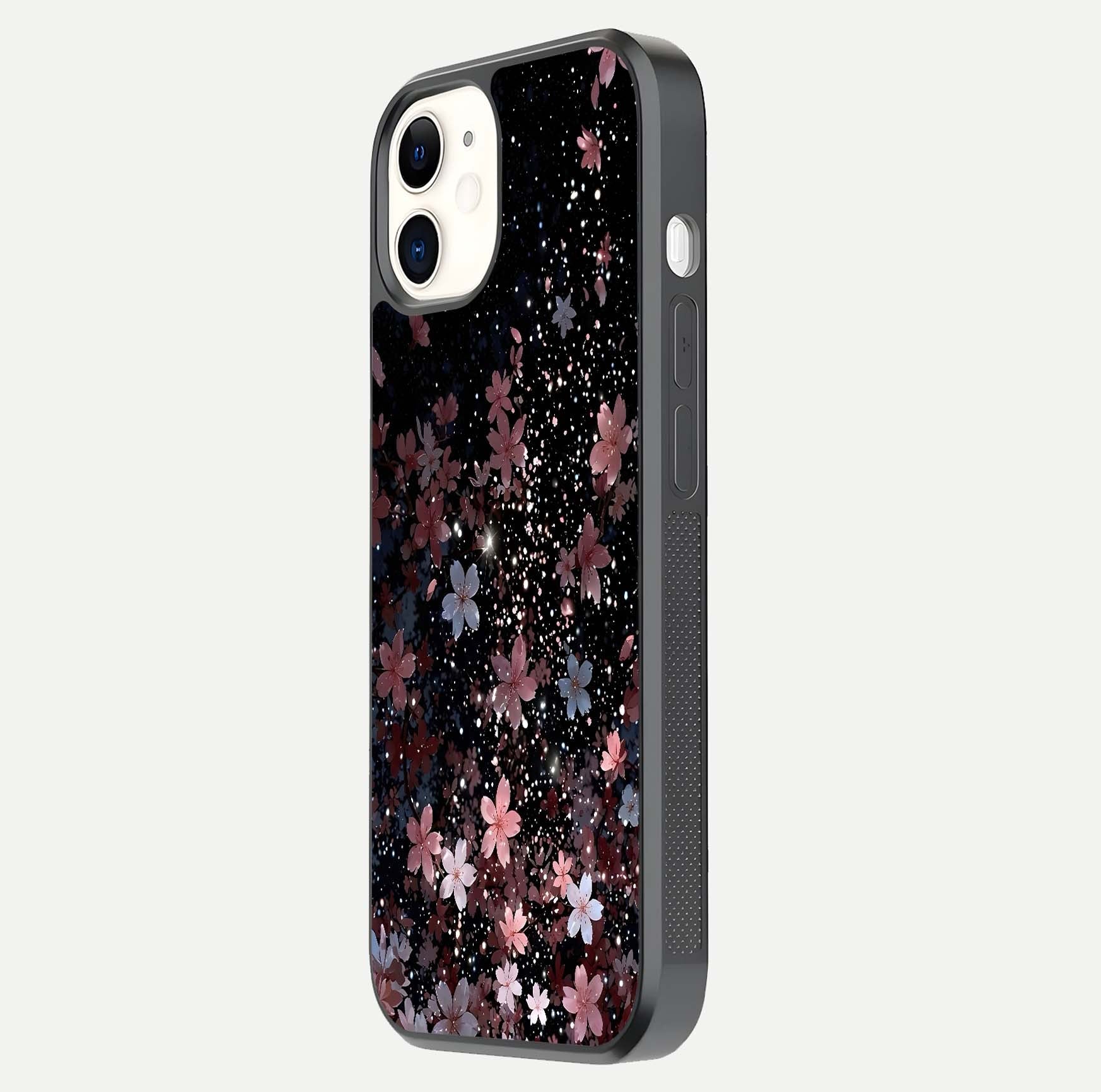 Starlit Flower Dreams Glass Case for iPhone 12 Mini side-angle image showing shine, edge detail, and floral contrast
