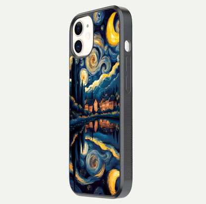 Starry Sky Serenity Glass Case for iPhone 12 Mini side-angle image showing reflection and night-sky detail