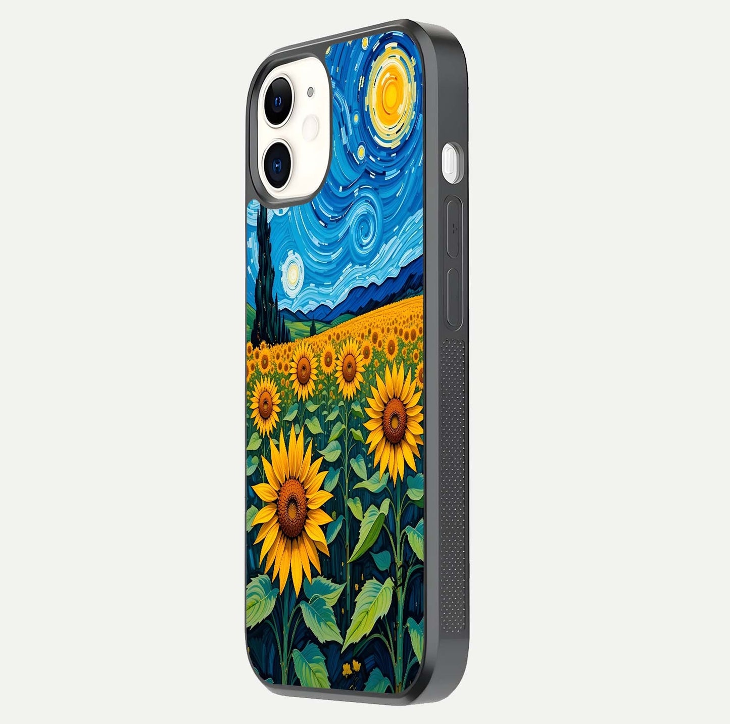 Starry Sunflower Dreams Glass Case for iPhone 12 Mini side-angle image showing reflection, stars, and yellow tone
