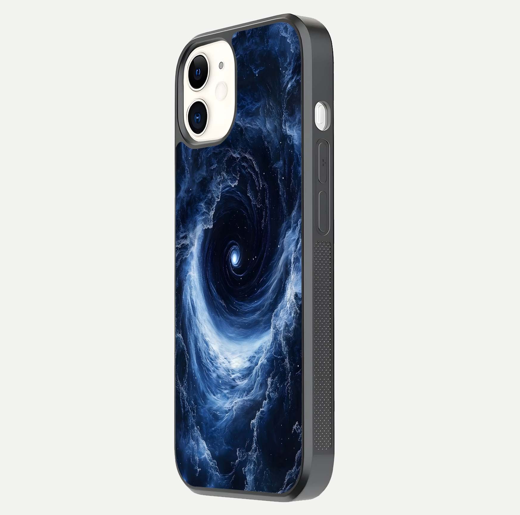Stunning Galaxy Glass Case for iPhone 12 Mini side-angle image showing glossy reflection and space detailing