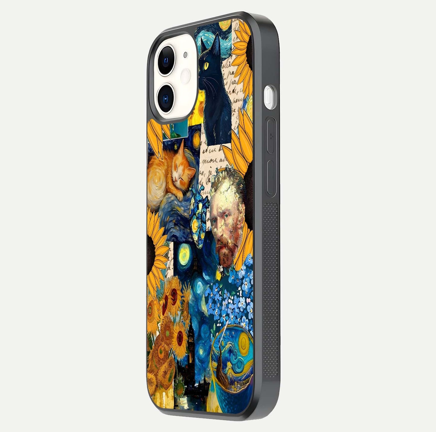 Sunflower Cat Art Glass Case for iPhone 12 Mini side-angle image showing shine, edges, and sunflower texture