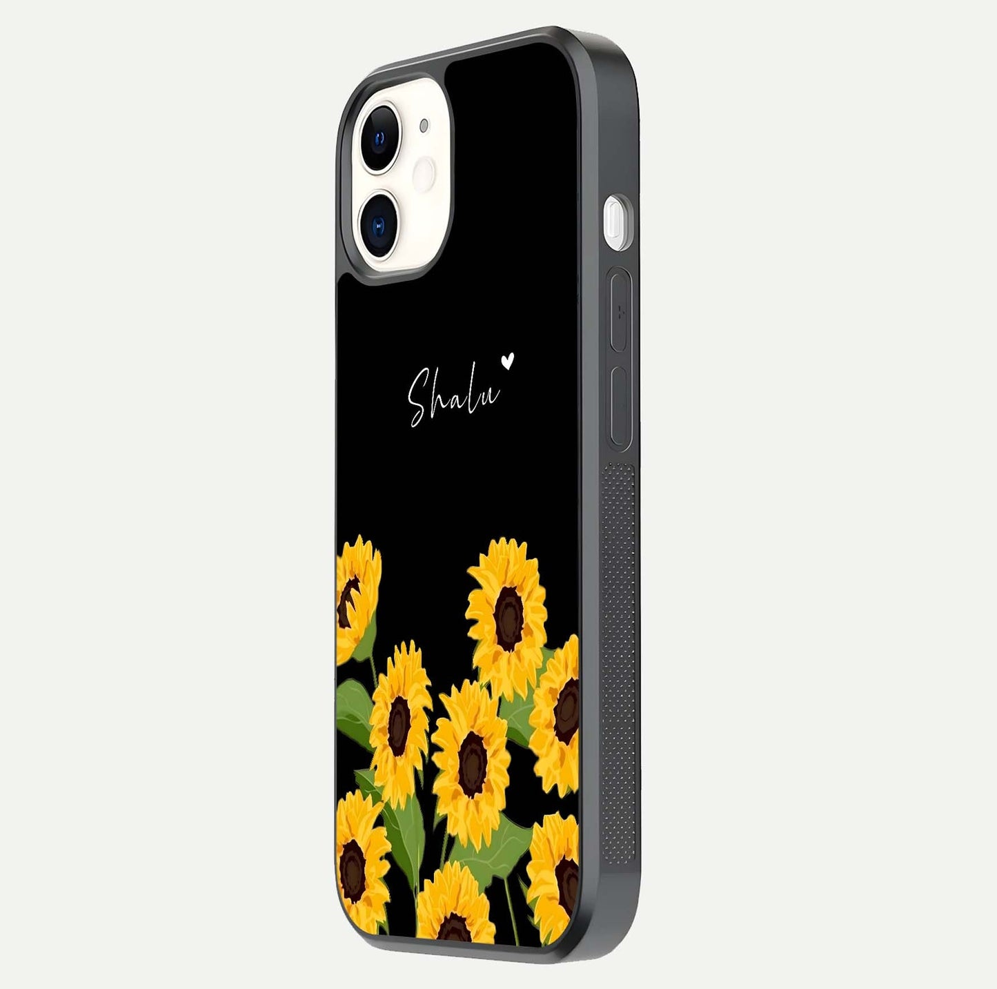 Sunflower Chic Mood Custom Name Glass Case for iPhone 12 Mini side-angle image showing reflection and yellow floral tone
