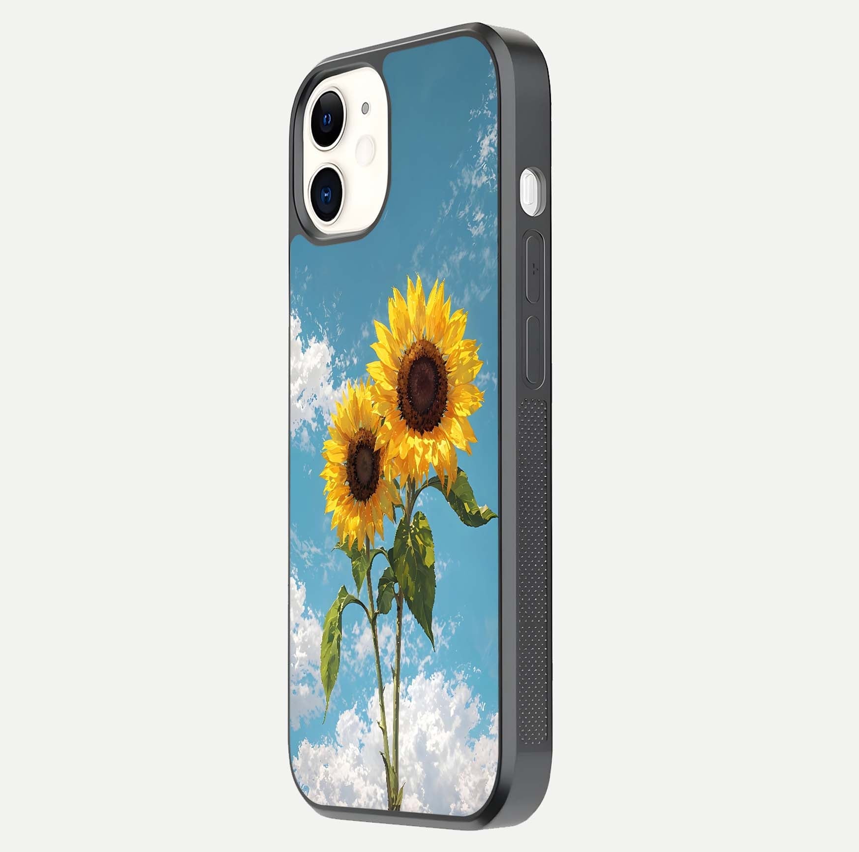Sunflower Sky Bloom Glass Case for iPhone 12 Mini side-angle image showing reflection, edges, and sunflower color