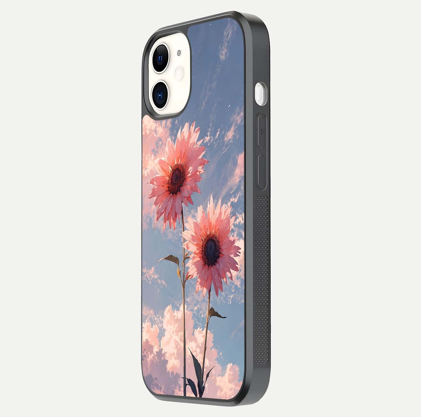 Sunlit Daisy Glow Glass Case for iPhone 12 Mini side-angle image showing shine, gloss, and floral highlight