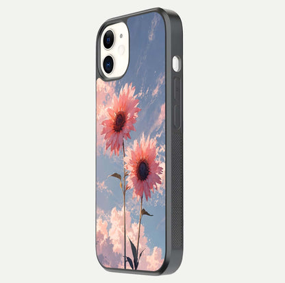 Sunlit Daisy Glow Glass Case for iPhone 12 Mini side-angle image showing shine, gloss, and floral highlight