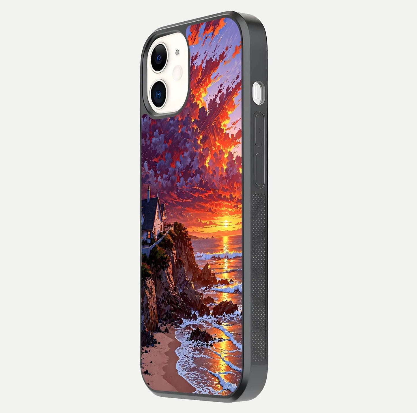 Sunset House by Sea Glass Case for iPhone 12 Mini side-angle image showing reflection and seaside color tone