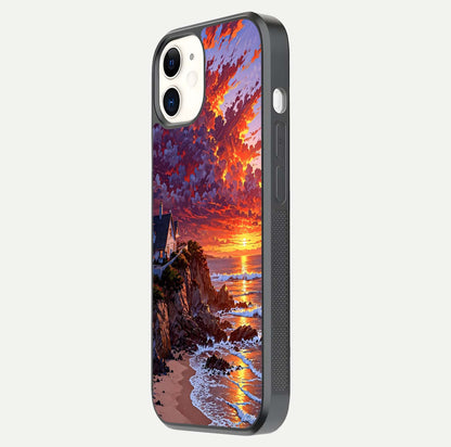 Sunset House by Sea Glass Case for iPhone 12 Mini side-angle image showing reflection and seaside color tone