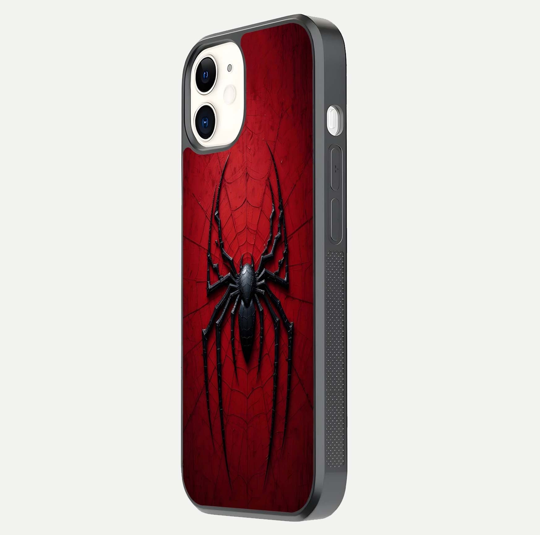 Venom Web Emblem Glass Case for iPhone 12 Mini side-angle image showing reflection and dark color tones
