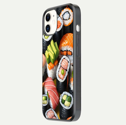 Sushi Food Pattern Glass Case for iPhone 12 Mini side-angle image showing shine, gloss, and sushi artwork