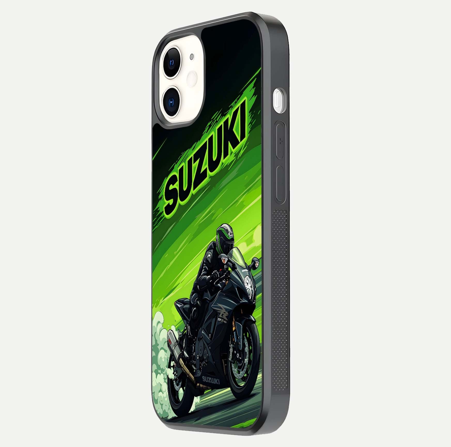 Suzuki Speed Beast Glass Case for iPhone 12 Mini side-angle image showing reflection, gloss, and car detailing