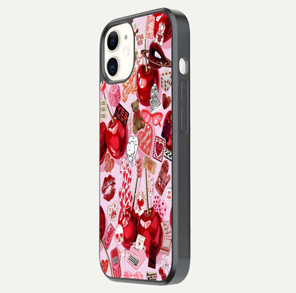 Sweet Cherry Chaos Glass Case for iPhone 12 Mini side-angle image showing shine, gloss, and cherry details