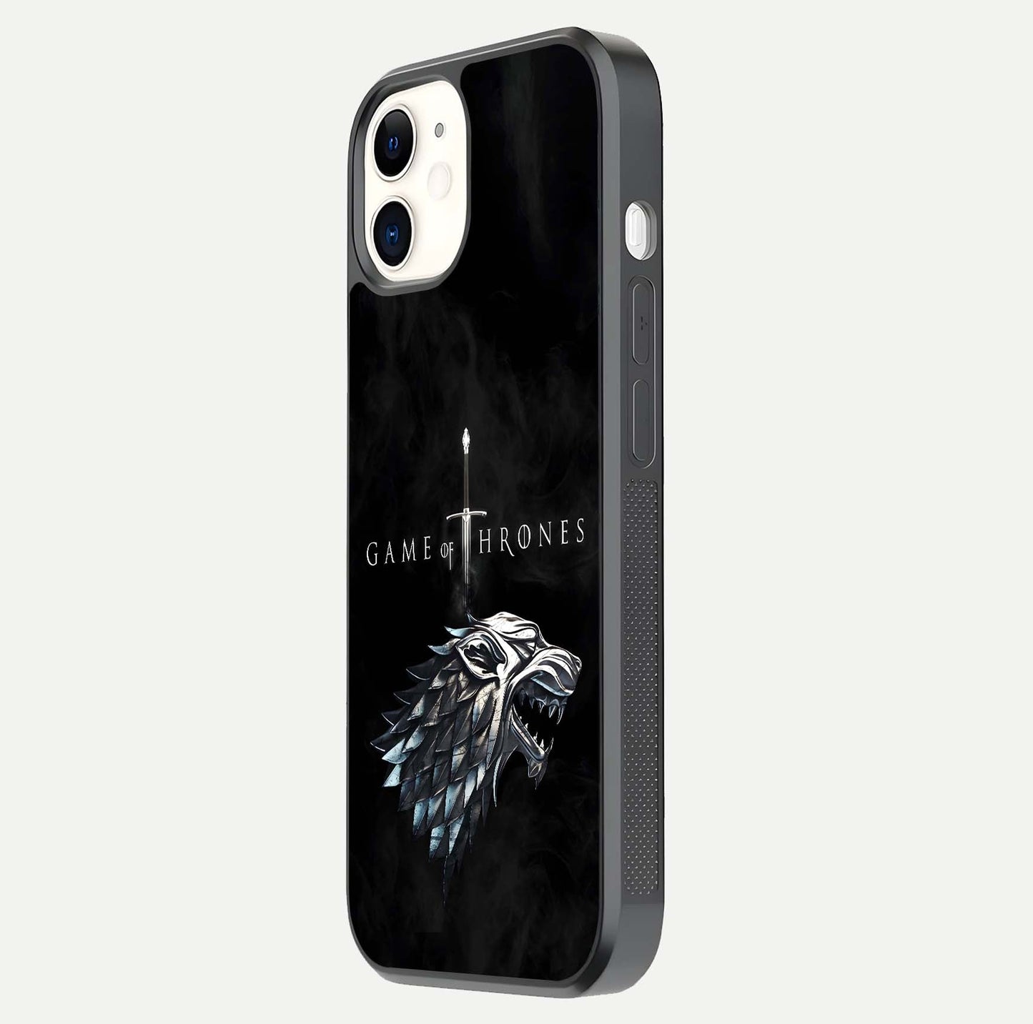 Throne Wolf Legacy Glass Case for iPhone 12 Mini side-angle image showing gloss, texture, and HD print