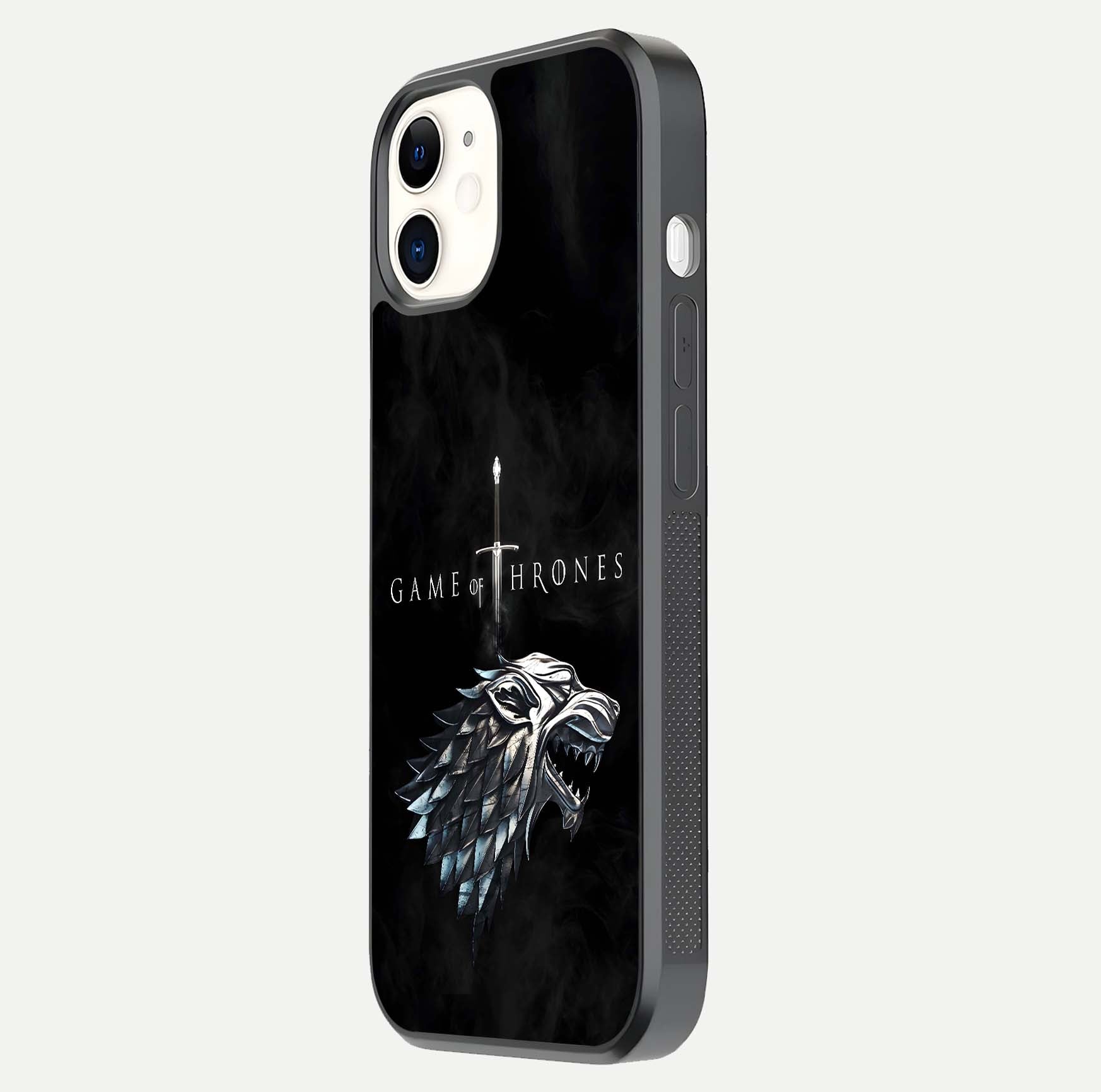 Throne Wolf Legacy Glass Case for iPhone 12 Mini side-angle image showing gloss, texture, and HD print