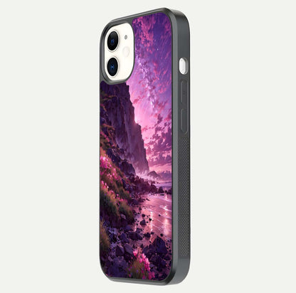Twilight Blossom Coast Glass Case for iPhone 12 Mini side-angle image showing shine, reflection, and petal tone