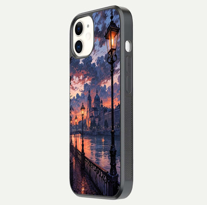 Twilight River Lights Glass Case for iPhone 12 Mini side-angle image showing reflections, lighting, and gradient tones