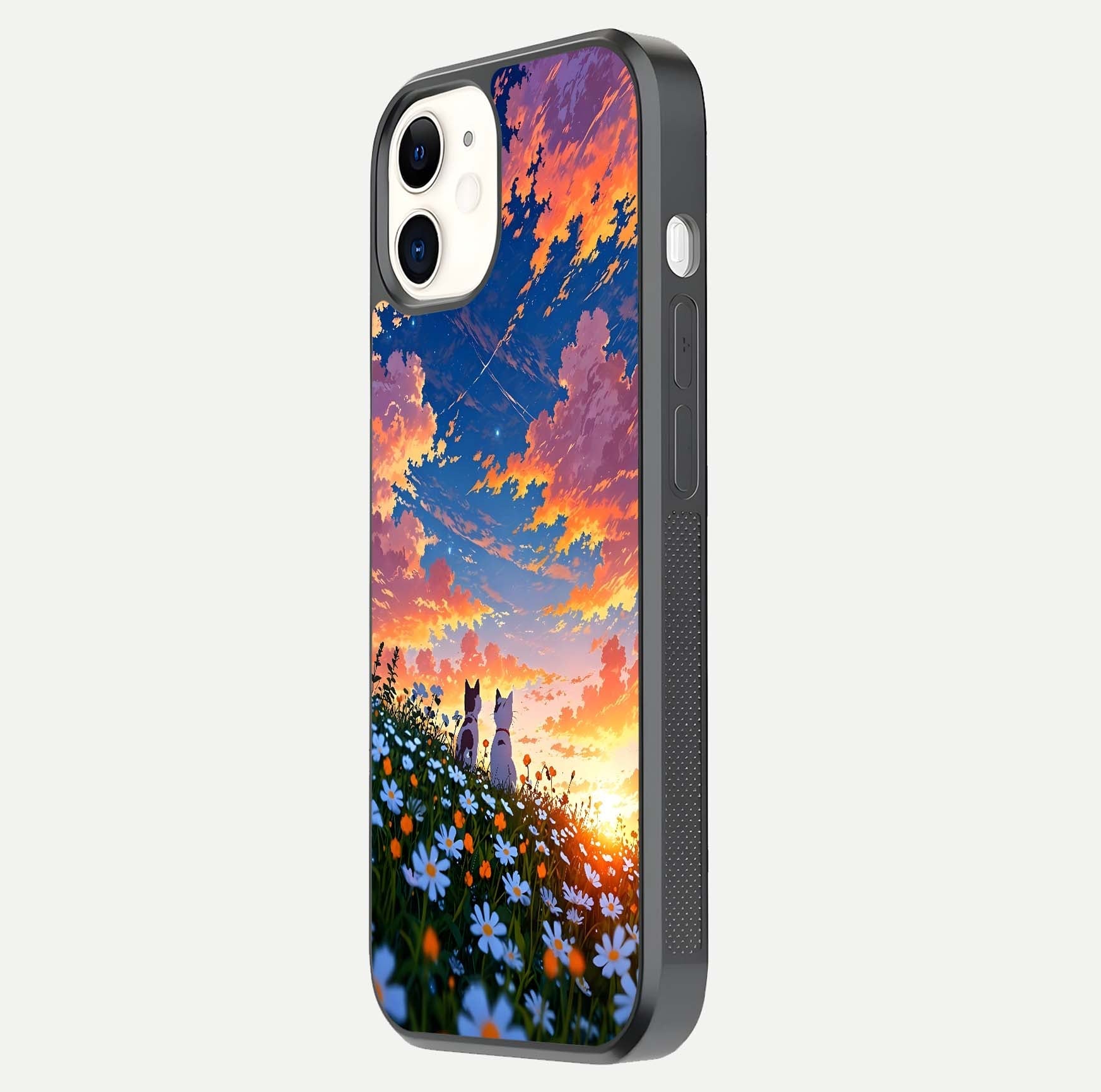 Two Cats Friends Glass Case for iPhone 12 Mini side-angle image showing reflection, gloss, and color depth