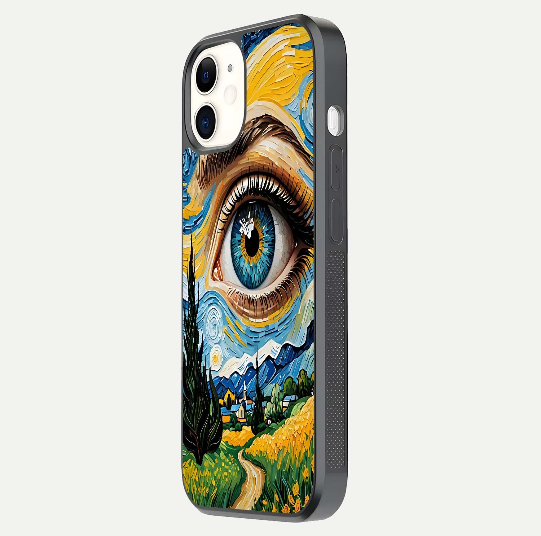 Van Gogh Eye Glass Case for iPhone 12 Mini side-angle image showing reflection, gloss, and artistic contrast