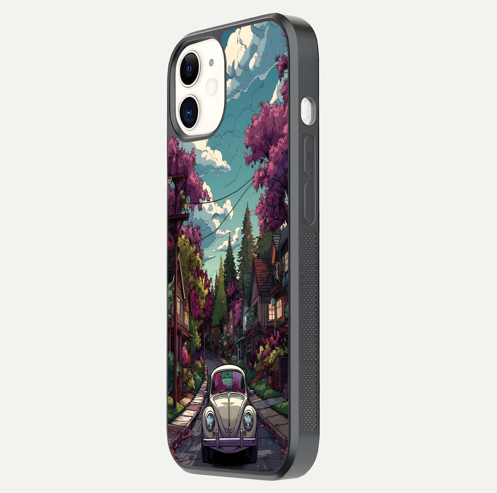 Vintage Street Drive Glass Case for iPhone 12 Mini side-angle image showing gloss reflection and design detail