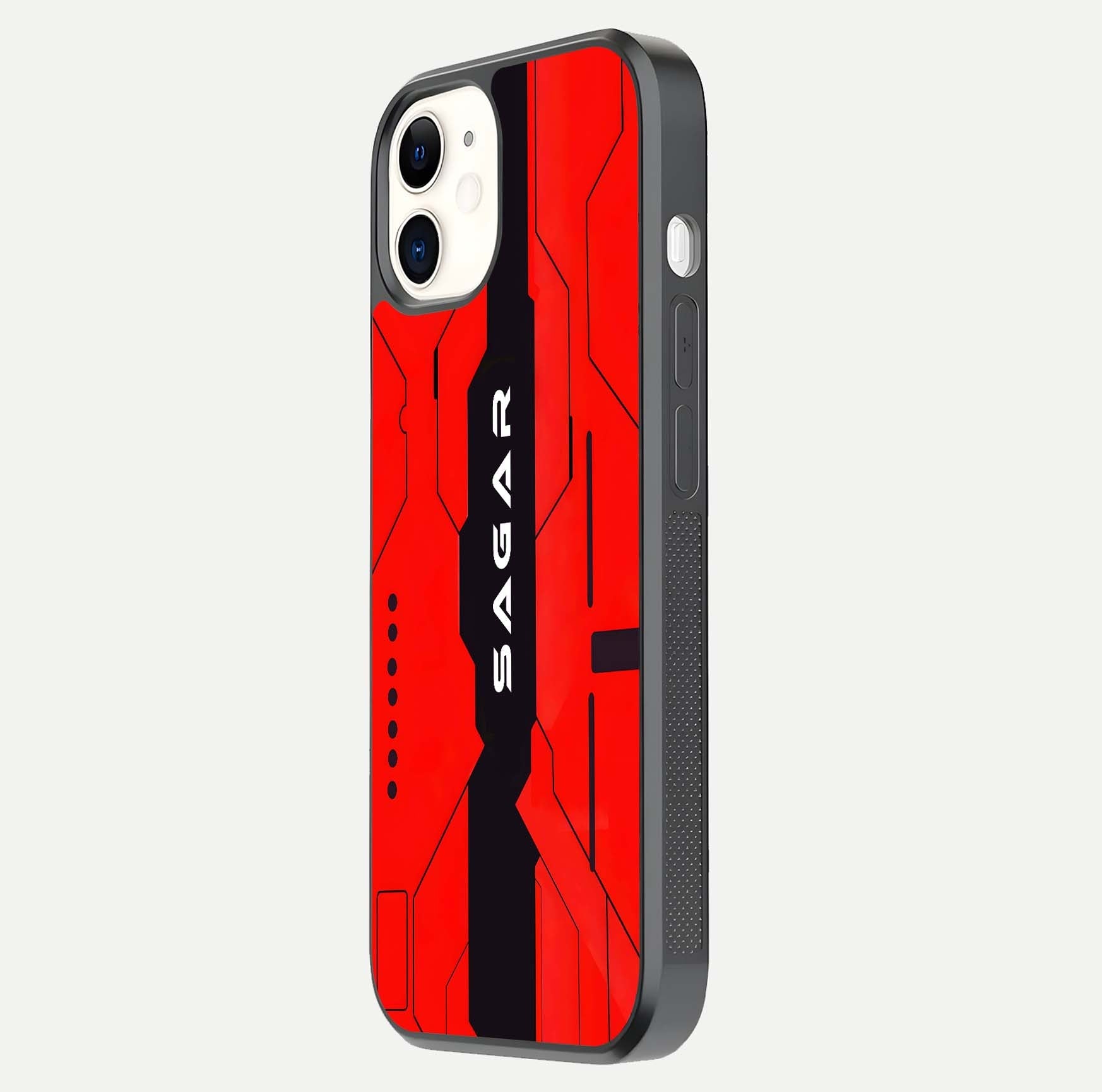 Voltage Rise CYBERPUNK Custom Name Glass Case for iPhone 12 Mini side-angle image showing gloss and cyberpunk detail