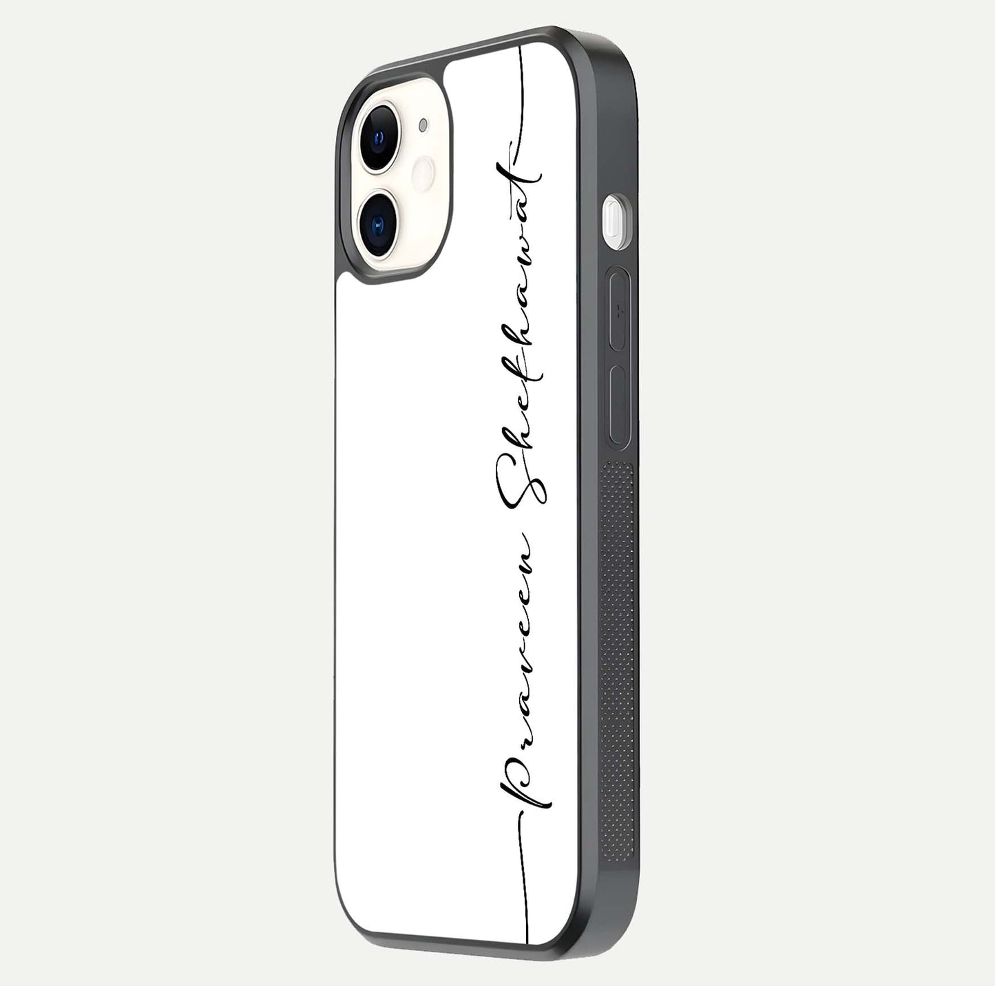 White Tune Custom Name Glass Case for iPhone 12 Mini side-angle image showing shine, gloss, and minimal tone