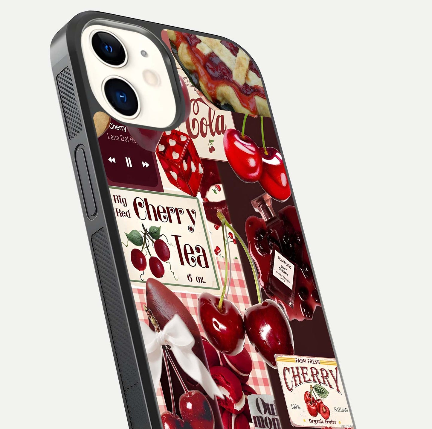 Aesthetic Cherry Tea Glass Case for iPhone 12 Mini close-up angled shot showing detailed cherry artwork, red tones, and gloss reflection