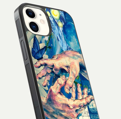 Aesthetic Divider Glass Case for iPhone 12 Mini close-up angled shot showing detailed divider artwork and gloss reflection