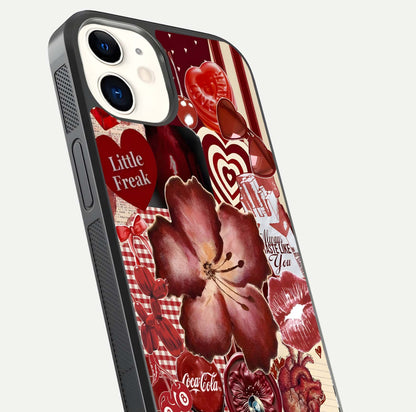 Aesthetic Little Freak Glass Case for iPhone 12 Mini close-up angled shot showing detailed artwork, bold design, and gloss reflection