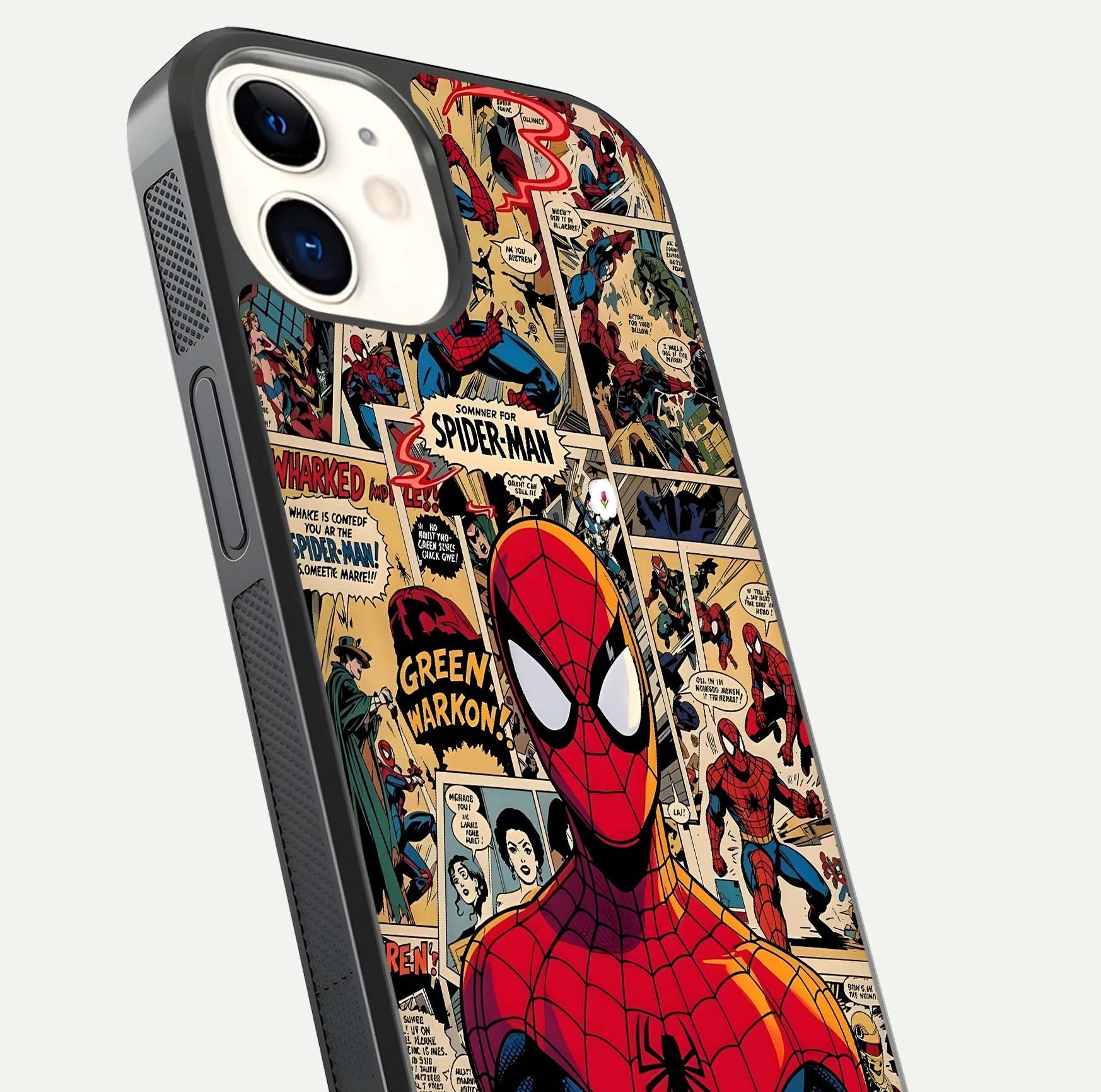 Aesthetic Spider Man Glass Case for iPhone 12 Mini close-up angled shot showing detailed Spider-Man artwork and gloss reflection