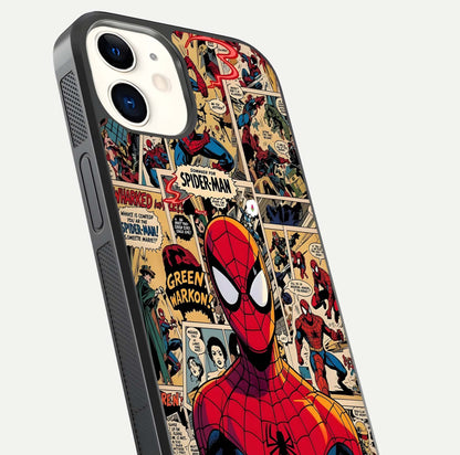 Aesthetic Spider Man Glass Case for iPhone 12 Mini close-up angled shot showing detailed Spider-Man artwork and gloss reflection