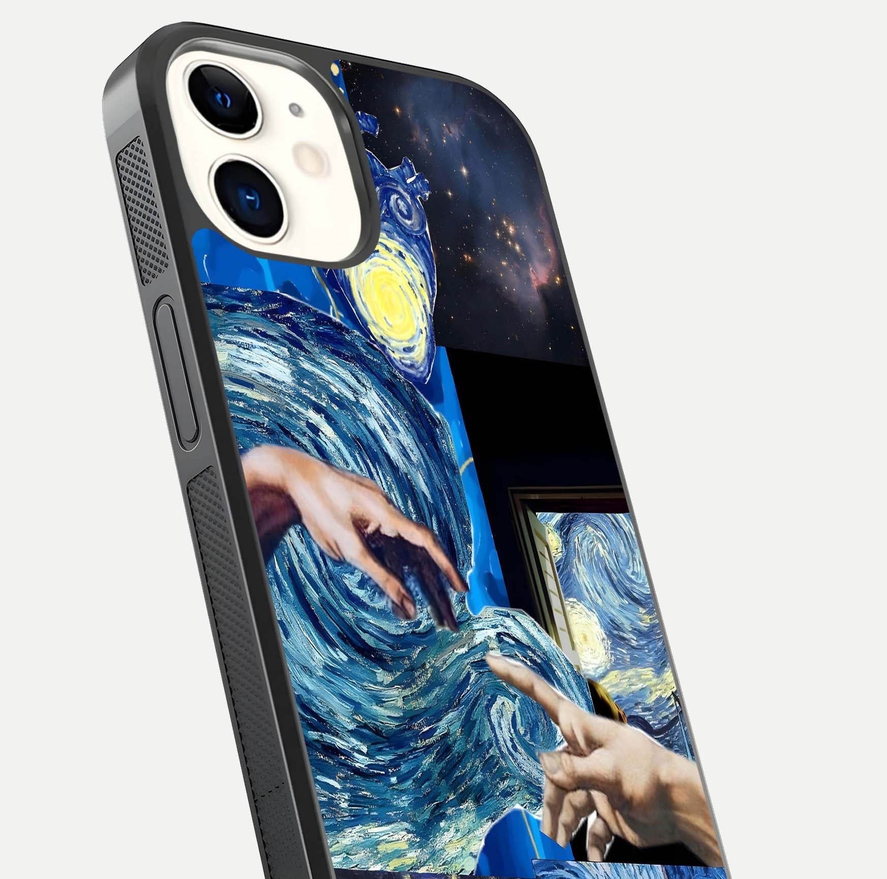 Aesthetic Vando Hands Glass Case for iPhone 12 Mini close-up angle showing fine detailing of hand artwork and glass reflection