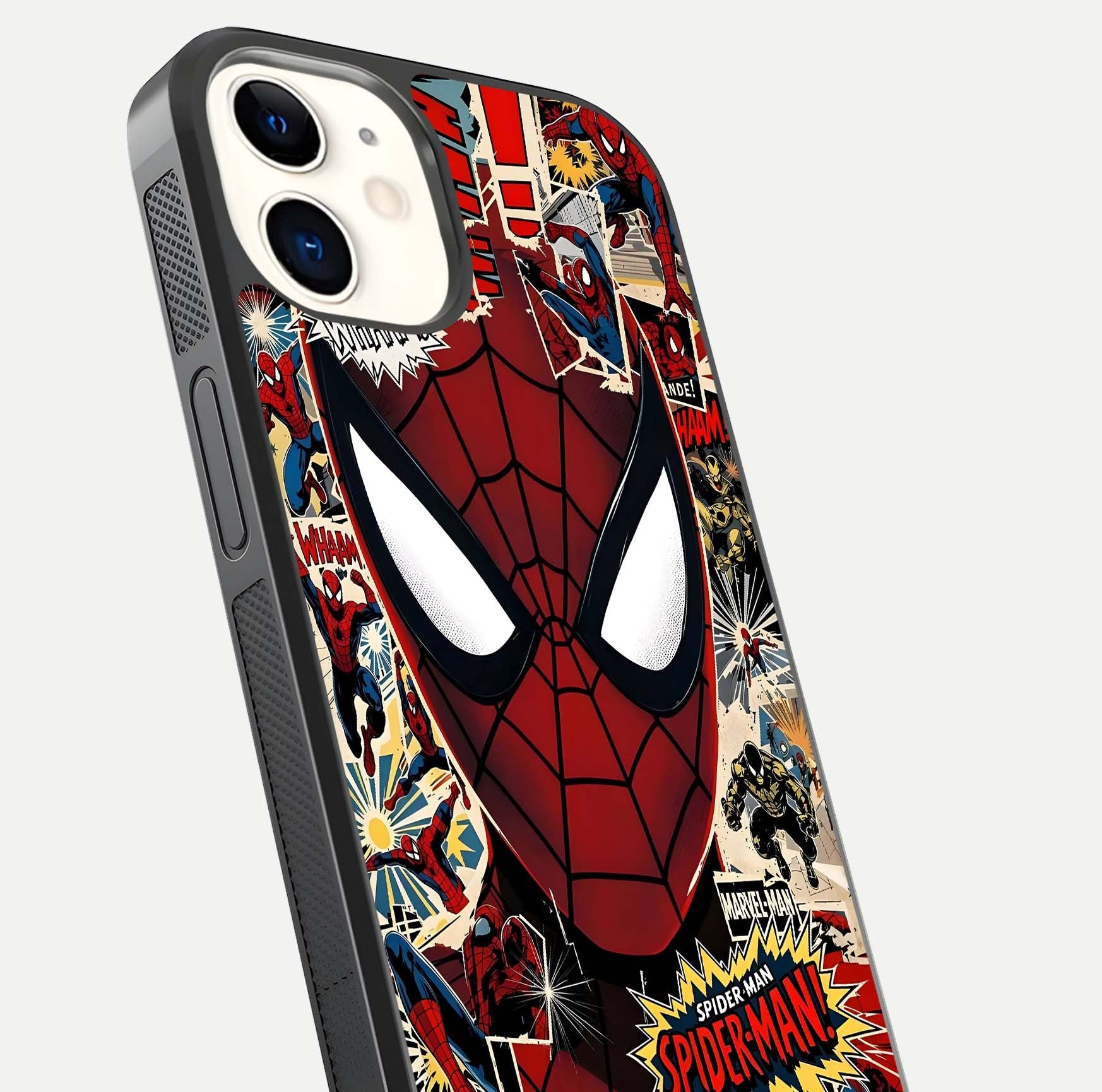 Aesthetic Wonder Spider Glass Case for iPhone 12 Mini angled close-up highlighting spider web detail and vibrant color gloss